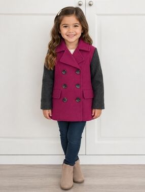 2/$35 Joe Fresh Girls Coat XS 4-5 Magenta Gray Double Breasted Jacket NWT